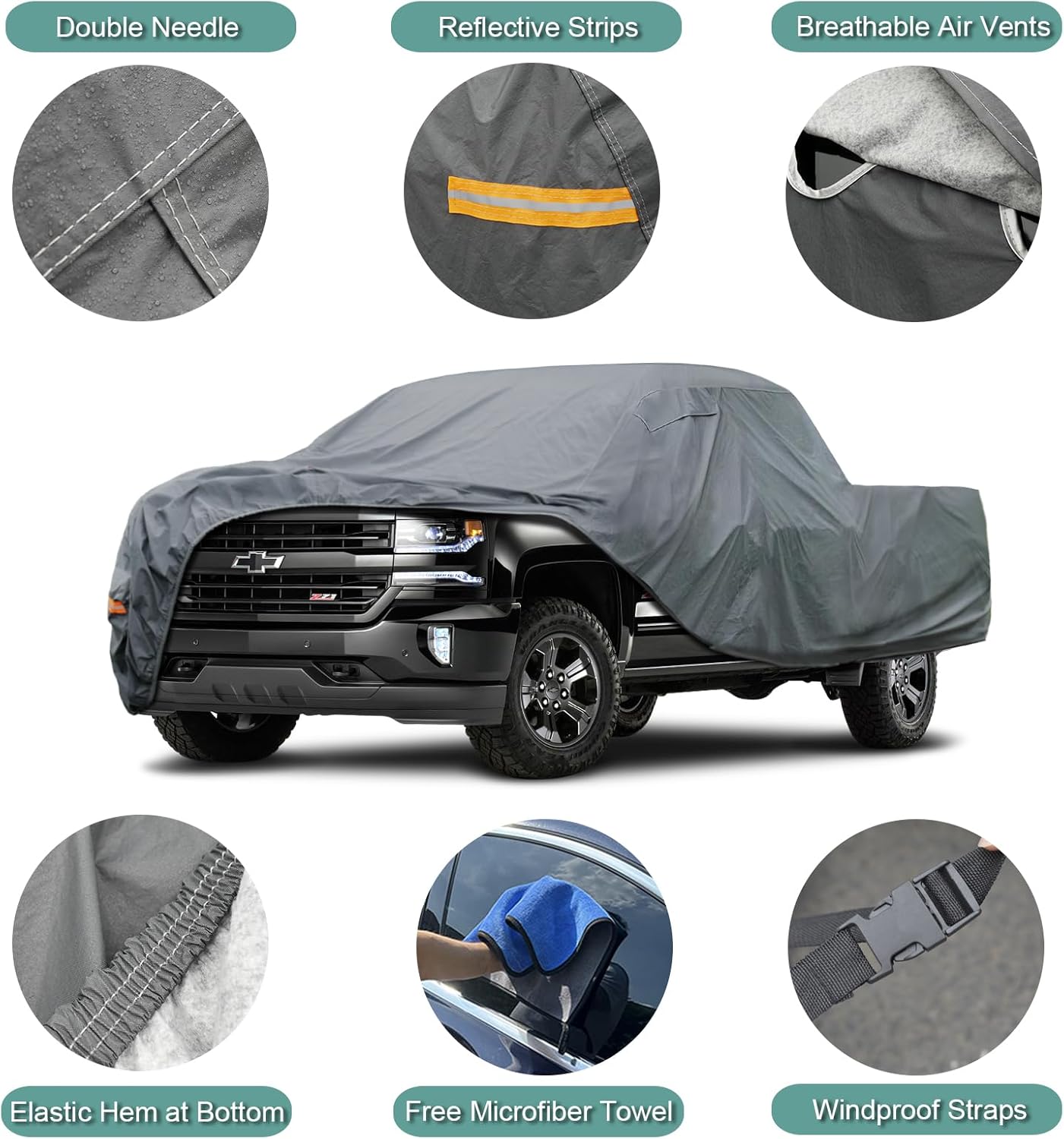 16 Layers Truck Cover Waterproof All Weater - See Vehicle Size Chart - Heavy Duty Outdoor Truck Pickup Cover for Ford F-150 F-250 F-350, Silverado, Nissan Titan. Length up to 242 inch.