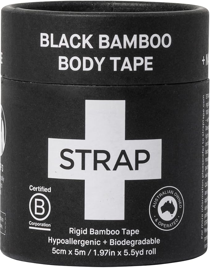 STRAP Black Bamboo Hypoallergenic Body Tape | Sports Tape, Athletic Tape, Kinesiology Tape, Tape for Sensitive Skin | Eco Friendly, Non Toxic, Latex Free, Vegan | 16.5ft Length