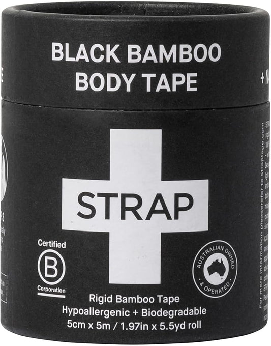 STRAP Black Bamboo Hypoallergenic Body Tape | Sports Tape, Athletic Tape, Kinesiology Tape, Tape for Sensitive Skin | Eco Friendly, Non Toxic, Latex Free, Vegan | 16.5ft Length