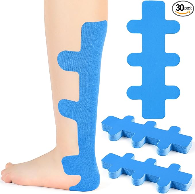 30 Pcs Achilles Tendonitis Kinesiology Tape Precut Achilles Tendon Ankle Tape Latex Free for Sprained Ankle Relief Muscle Support Foot Pain Athletic Sport(Blue)