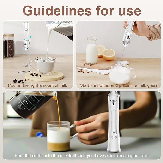Rechargeable Frother Wand with Stand, Milk Frother with Detachable Stainless Steel Double Rings Whisk, 3-Speed Handheld Electric Drink Mixer for Lattes, Cappuccino, Coffee (White)