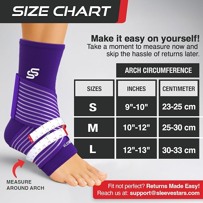 Sleeve Stars Ankle Brace for Women & Men, Ankle Wrap for Sprain, Compression Sleeve for Plantar Fasciitis Relief, Easy Customizable Support: w/ Removable Strap (Single/M:10"-12"/Dark Purple)