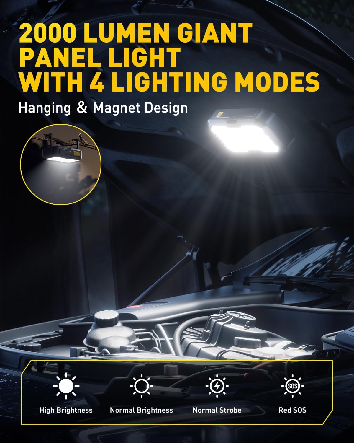 AUXITO Car Battery Jump Starter: 5000A Portable Jump Starter Up to 8.5L Gas and 8.0L Diesel Engines with 2000LM LED Work Panel Light, 12V Safe Jump Box with Camping Light, Power Bank and Jumper