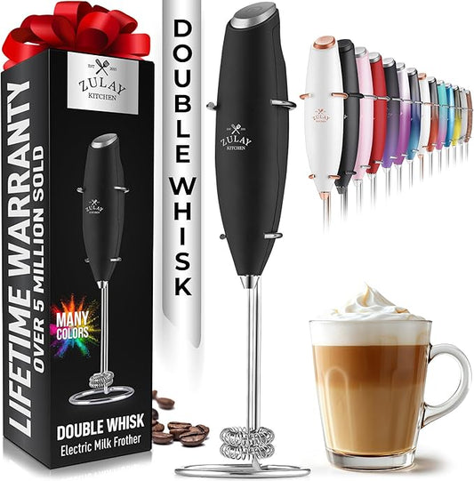 Zulay Kitchen Powerful Double Whisk Milk Frother Handheld - Foam Maker With Stand - Whisk Drink Mixer for Coffee, Mini Foamer for Latte, Matcha, Frappe, Hot Chocolate & Cappuccino (Black)