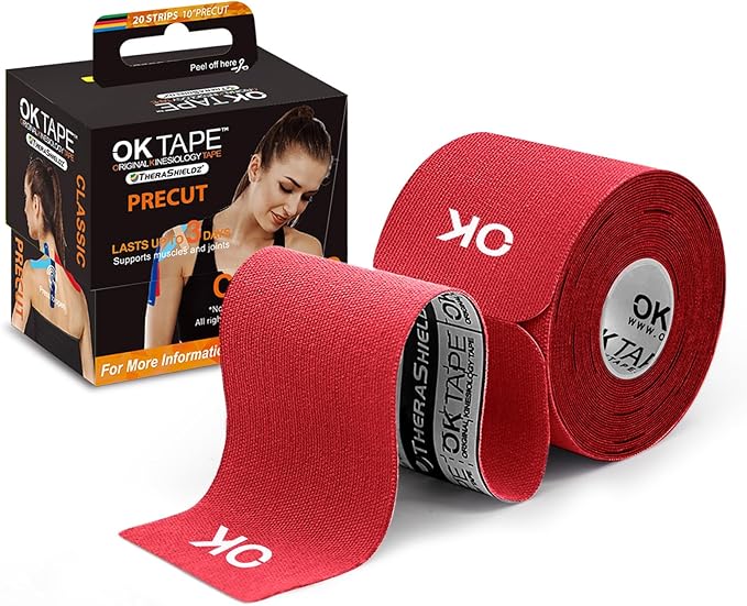 OK TAPE Kinesiology Tape 10 inches Precut, 20 Strips, Cotton Elastic Athletic Tape Latex Free, 2in x 16ft, Red