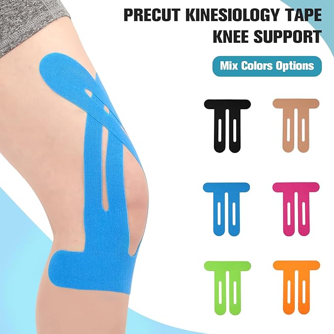 Kinesiology Tape for Knee 12 Pack, Precut Knee Tape for Muscle & Joints, Athletic Sports Tape for Knee Support, Latex Free and Water Resistant, 6 Mix Colors