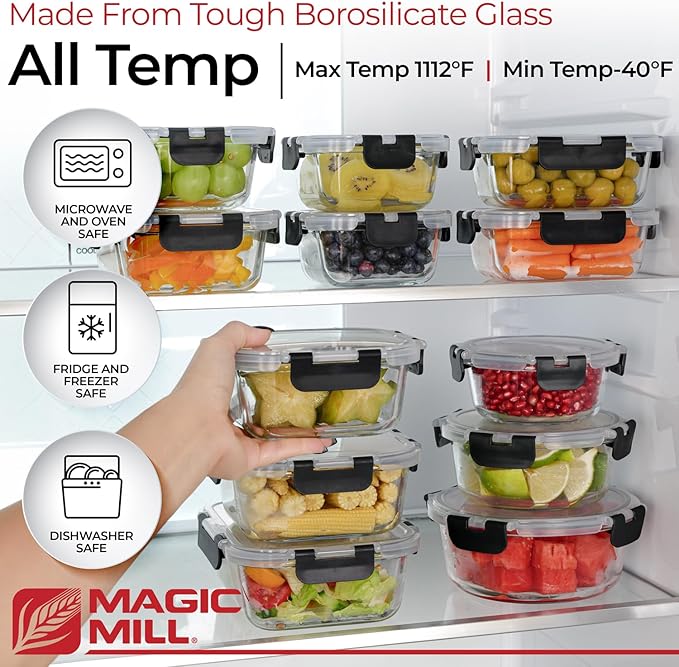 Magic Mill Glass Storage Containers with lids Set | Ultimate 24pc Sets with 12 Food Storage Containers & 12 Airtight Locking Lids for Lunch, Meal Prep, Fridge, Freezer, and Dishwasher Safe, BPA-Free
