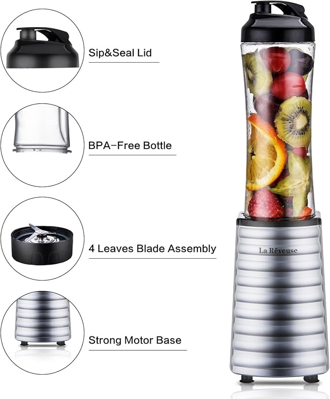 La Reveuse Smoothies Blender Single Serving 300 Watts with 18 oz BPA-Free Portable Travel Sports Bottle (Silver)