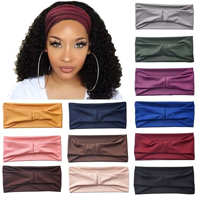 12 Pack Wide Headbands for Women No slip Stretchy Boho Hair Bands, Soft Elastic Yoga Workout Running Thick Wicking Sweat Bands Solid colors Head Wrap