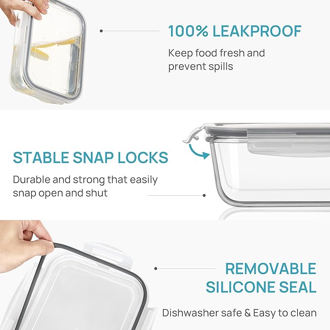 Vtopmart 2Pack 1860ml/ 63oz Large Glass Storage Containers with Lids, Meal Prep Food Container Set with Snap Airtight Lid for Baking, Microwave, Oven, Leak Proof, for Freezer, Dishwasher, Grey