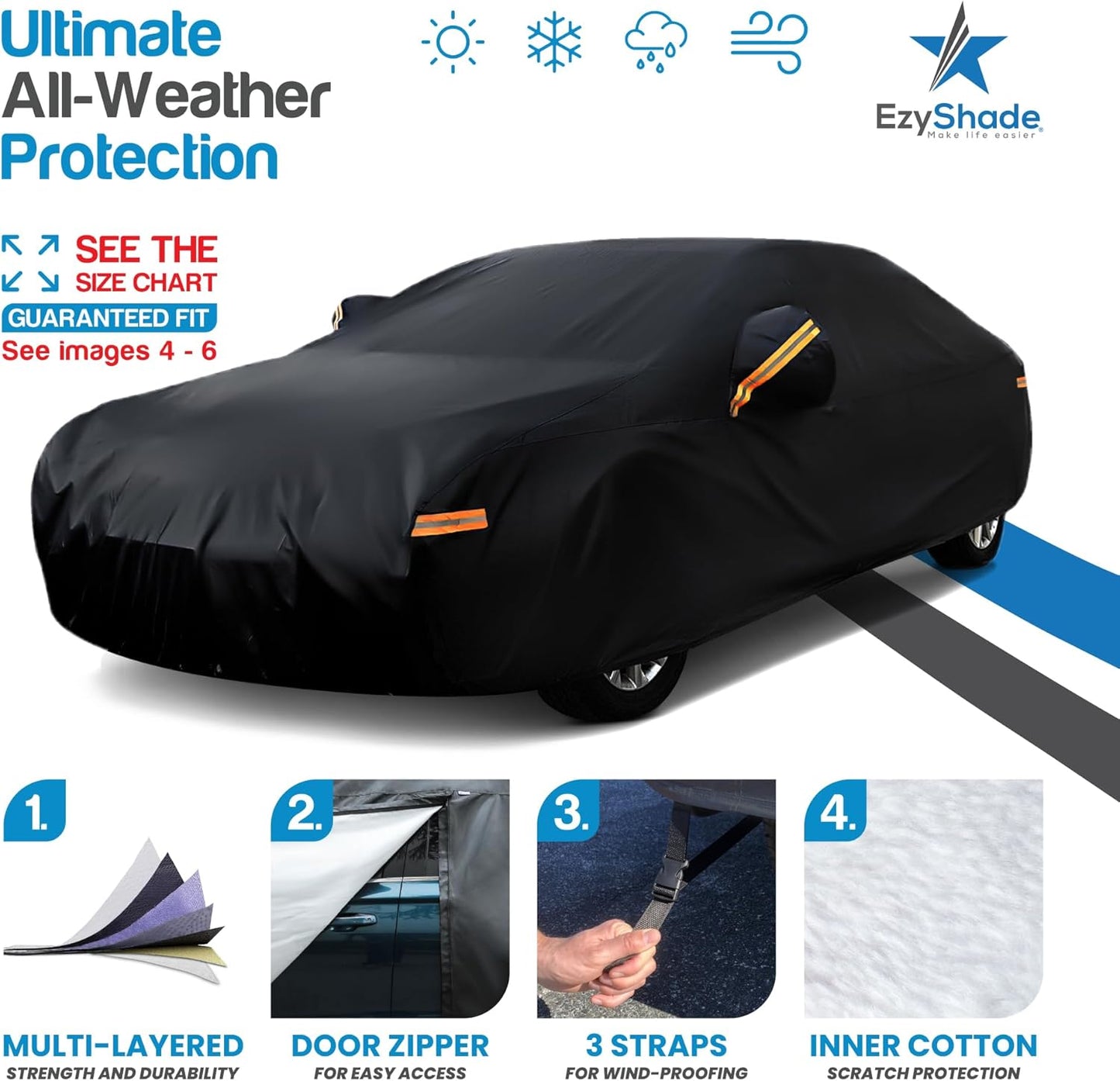 EzyShade 10-Layer Car Cover Waterproof All Weather. See Vehicle Size-Chart for Accurate Fit. Outdoor Full Exterior Covers for Automobiles Sedan Hatch. Rain Sun Snow. Black, Size A0 (See SizeChart)