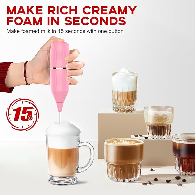 Handheld Milk Frother 14,000 RPM Drink Mixer Wand with Stand & Stirring Spoon Quiet One-Button Operation, Non-Slip Handle, Detachable Whisk Head for Coffee, Lattes, Cappuccinos, Matcha (Pink)