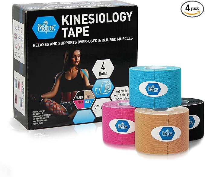 MED PRIDE Latex-Free Kinesiology Medical Tape 4 Rolls [2” X 16.4’] Sports Injury Tape for Pain Relief, Muscle & Joint Support