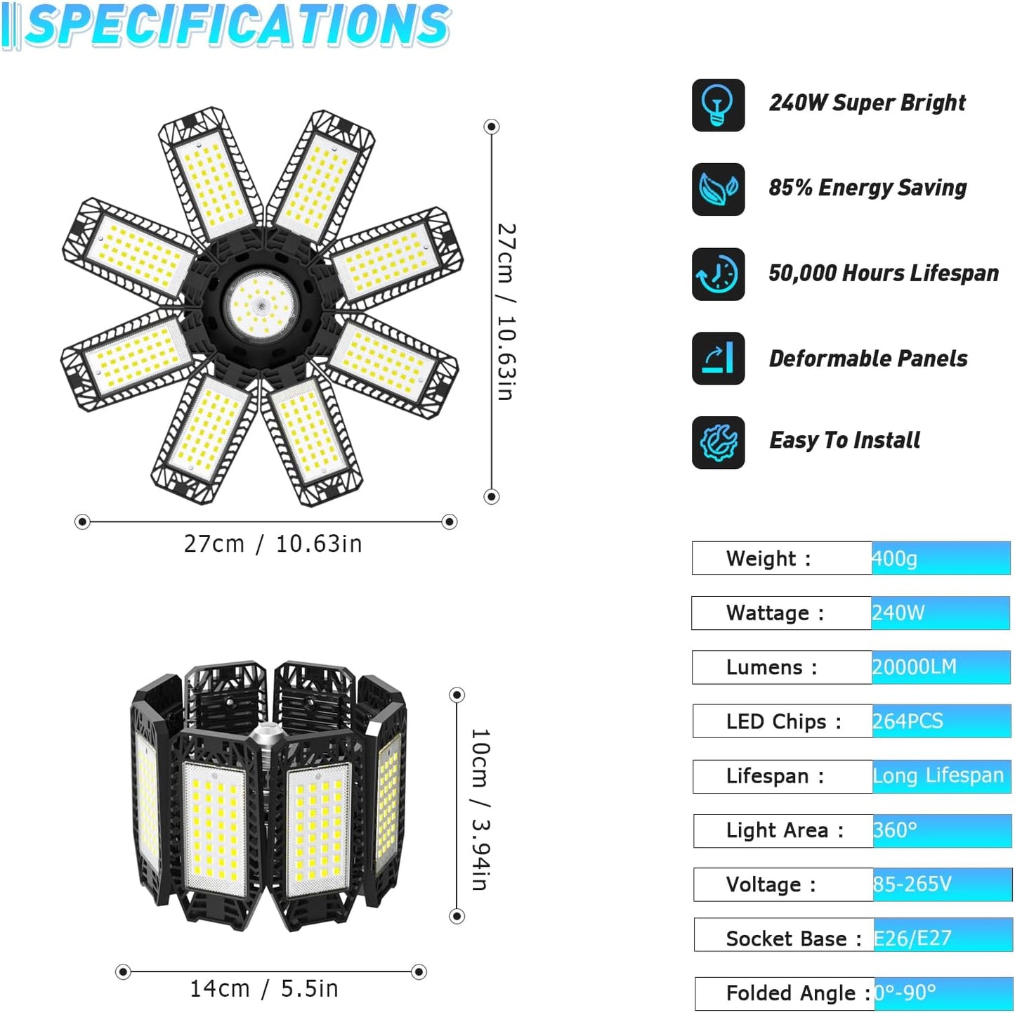Garage Light 4 Pack - 240W 24000LM 6500K Garage Lights Ceiling LED with 8+1 Deformable Panels, E26/E27 Screw Socket in LED Shop Light for Workshop, Basement, Gym, Barn, Warehouse etc Bay Lighting