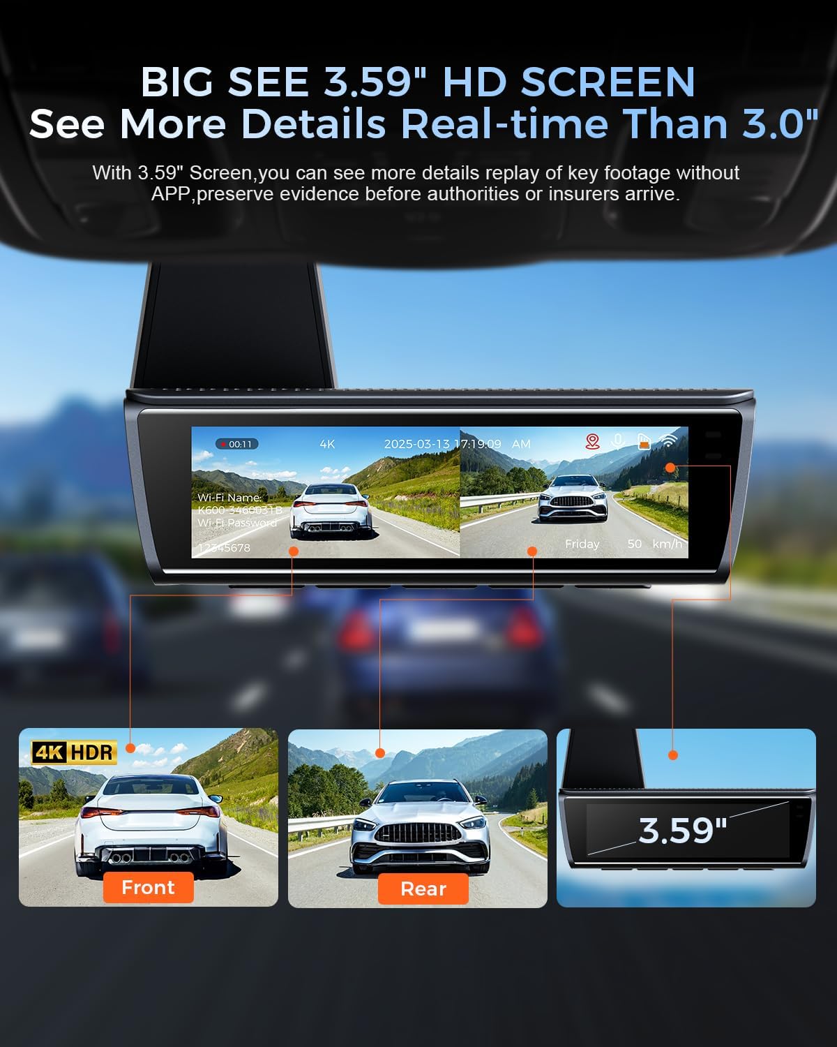 K600 4k Dash Cam Front and Rear, 3.59" IPS Screen, Built-in GPS 5G WiFi Dash Camera for Cars with App, UHD 2160P Night Vision Free 64G SD Card, 170° Wide Angle, HDR, 24H Parking Mode