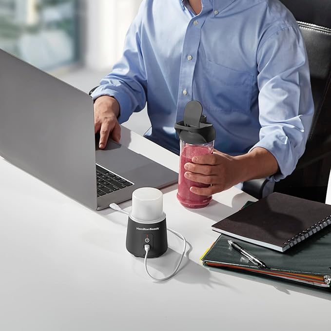 Hamilton Beach Mini Cordless Portable Personal Blender for Shakes and Smoothies, USB Rechargeable, 16 oz. Jar with Leakproof Travel Lid, 6 Stainless Steel Blades, Black (51180)