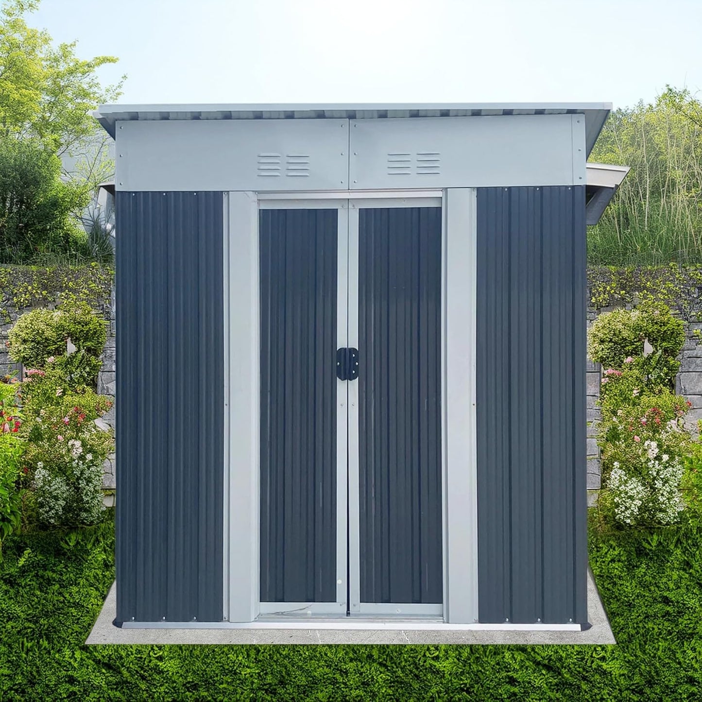 5x3 FT Outdoor Storage Shed with Sloping Roof, Waterproof Metal Garden Sheds w/Lockable Sliding Doors and Vents, Weather Resistant Tool Storage House for Backyard, Patio, Lawn, Grey