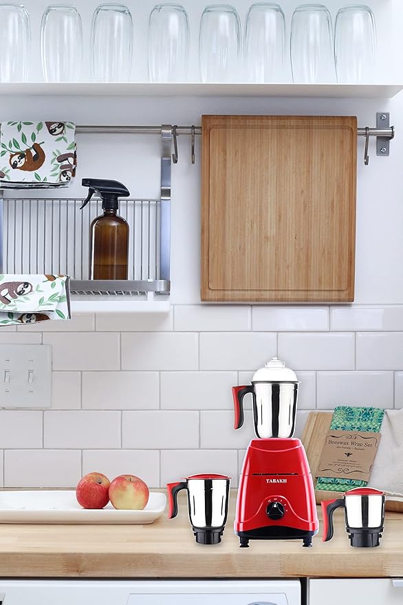 TABAKH Indian Mixer Grinder | 3 Stainless Steel Jars | 650 Watts | 110-Volts | Red