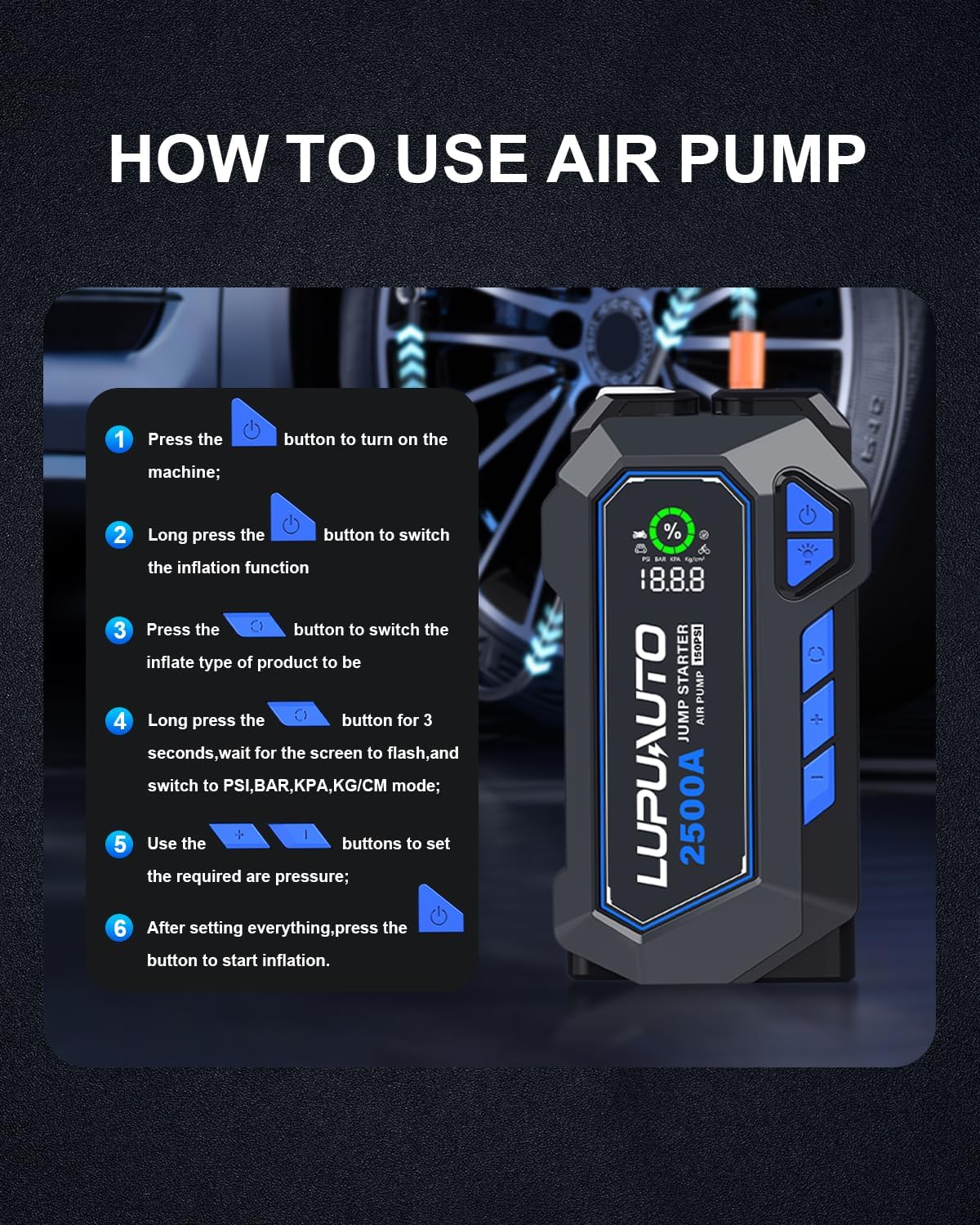 2500A Portable Jump Starter, Car Battery Jump Starter with Air Compressor, USB-C Power Bank Charger, Jumper Cables for up to 7.5-Liter Gas and 5.0-Liter Diesel Engines