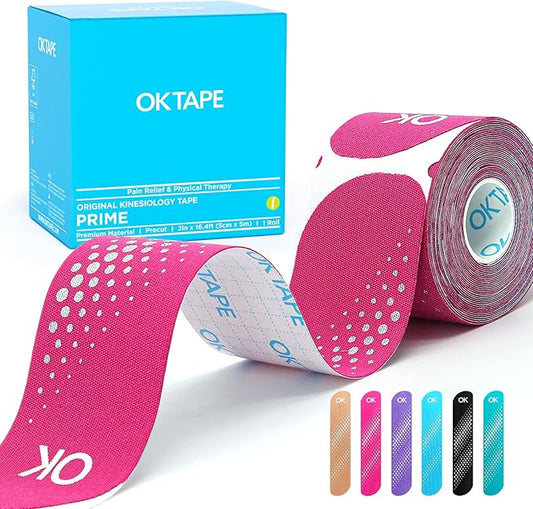 OK TAPE Synthetic Kinesiology Tape Precut Strips, Waterproof Kinesiology Athletic Tape for Joint & Muscle Support, Reflective and Durable K Tape, 2in×16.4ft Roll 20PCS | Pink