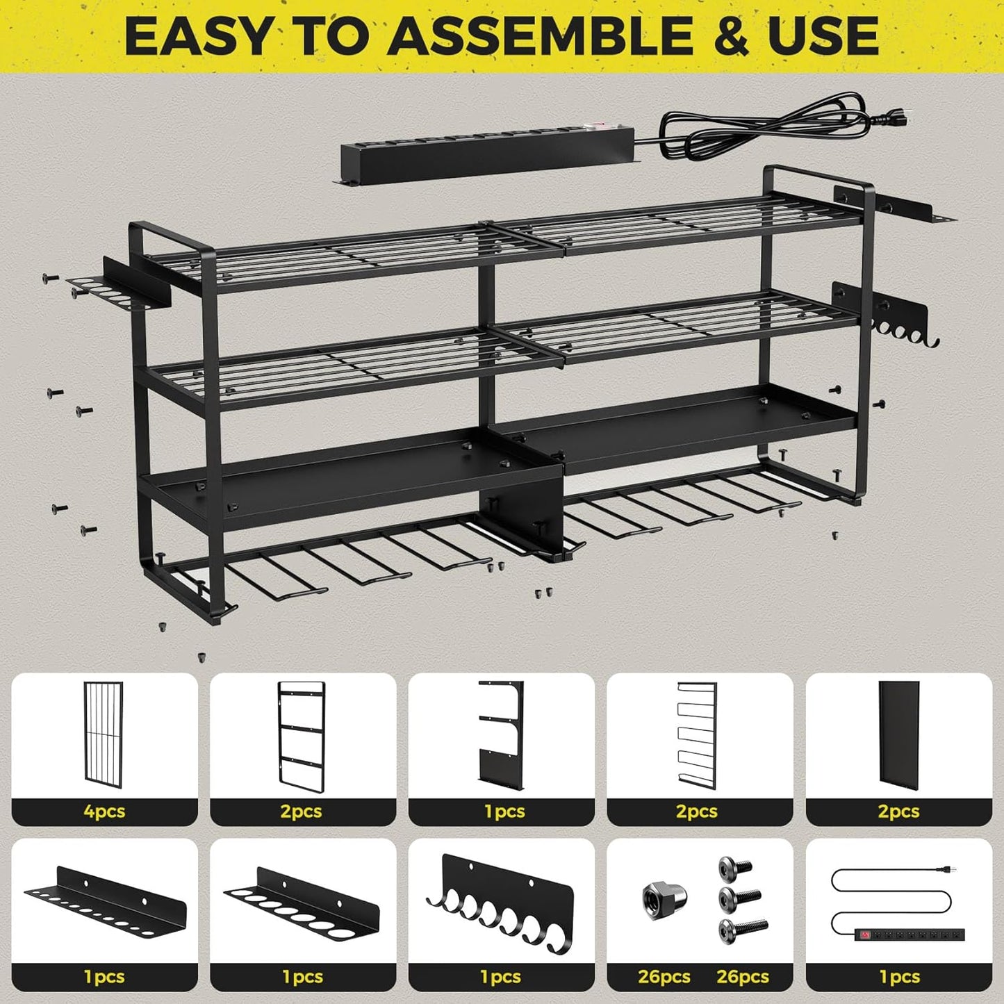 ‌Heavy Duty 4-Layer Power Tool Organizer Wall Mount with 8 Outlet Power Strip- Holds 8 Cordless Drills, 400lbs Capacity Metal Garage Storage Rack‌