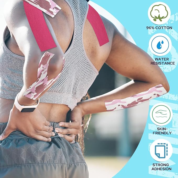 2 Rolls Kinesiology Tape, Waterproof Kinetic Tape 1.97 in x 16.4 ft, Uncut Cotton Elastic Athletic Strips for Knee, Shoulder, Ankle, Muscle Support (Pink and Pink Camouflage)