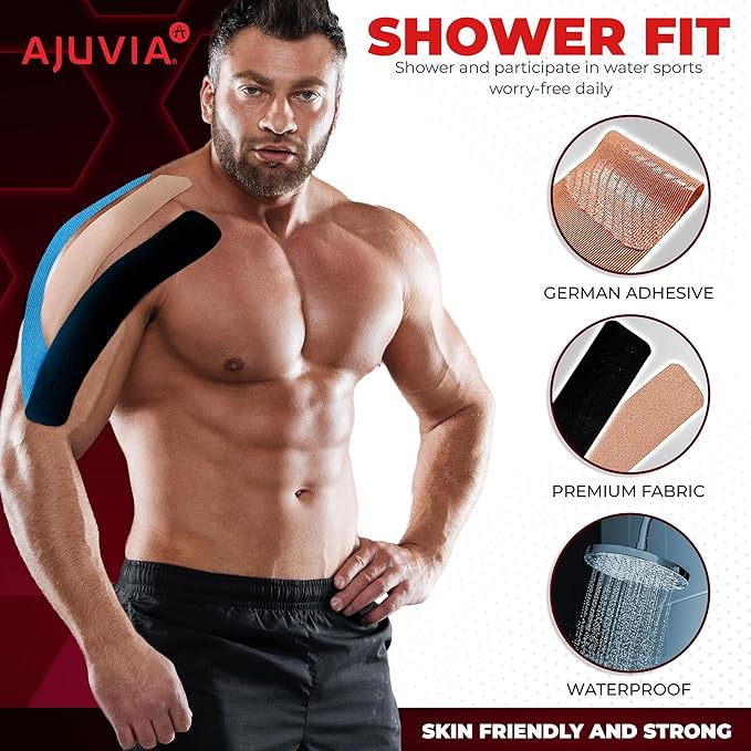 AJUVIA Synthetic Kinesiology Tape, 2 Rolls, 10% Bonus, 40 + 4 Precut Strips, Lasts up to 14 Days, Hypoallergenic and Waterproof K Tape for Muscle Pain Relief and Joint Support