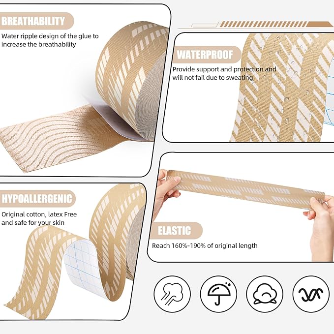 Kinesiology Tape, 2 Rolls Hypoallergenic Athletic Tape for Muscle Strain Relief & Joint Support, Waterproof & Breathable Sports Tape for Pain Relief, 2in x 16ft Uncut Roll-Stripe (Beige)