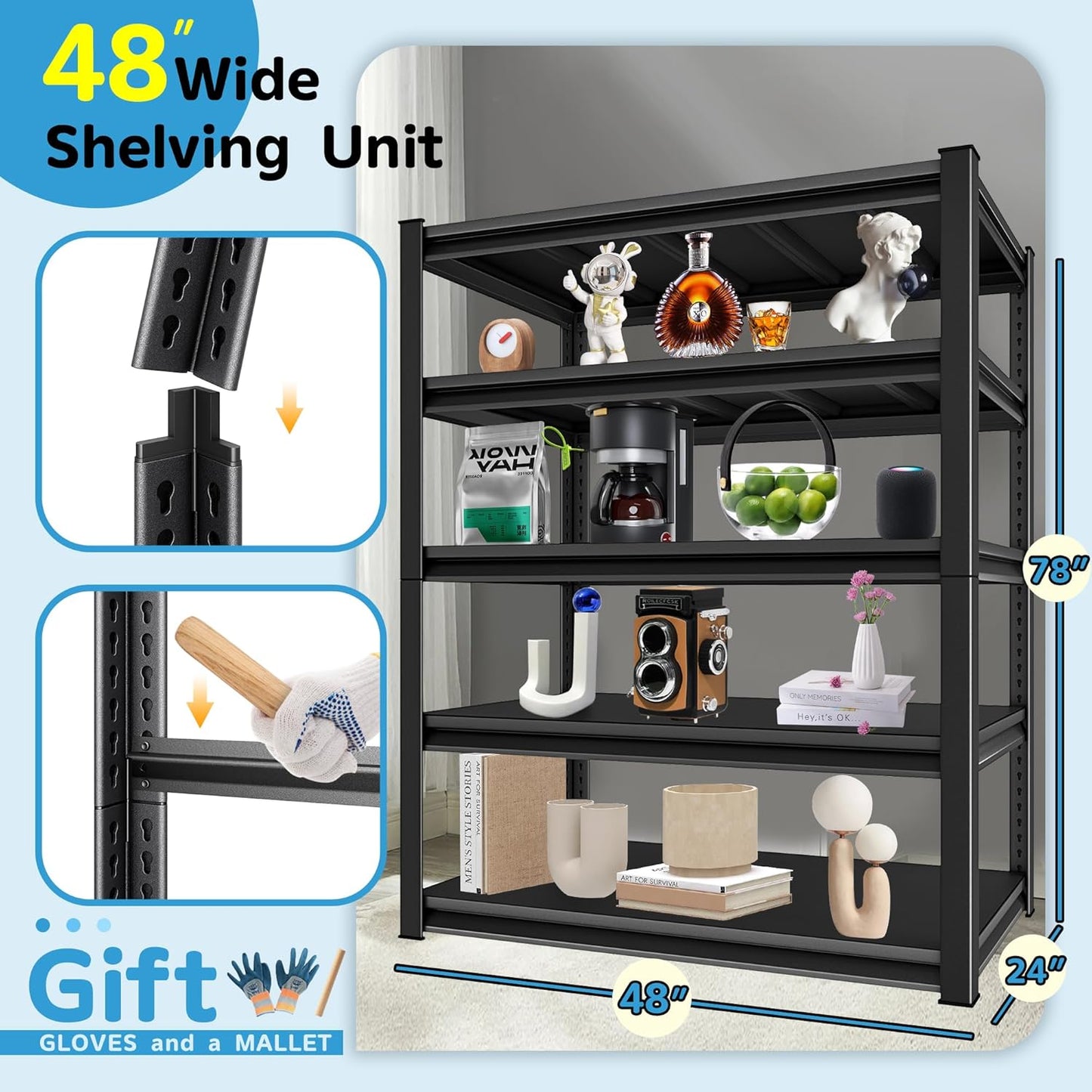 3000LBS Garage Storage Shelves Heavy Duty, 48" W x 24" D x 78" H,5-Tier Garage Shelving Heavy Duty, Industrial Metal Shelving Units for Garage, Basement,Fish Tank,Black