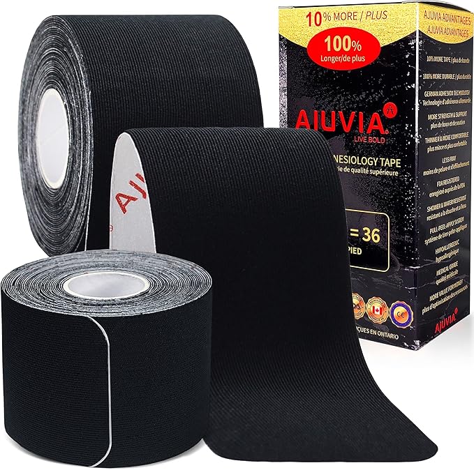 AJUVIA Synthetic Kinesiology Tape, 2 Uncut Rolls, 10% Bonus Pack, Lasts up to 14 Days, Hypoallergenic and Waterproof K Tape for Muscle Pain Relief and Joint Support