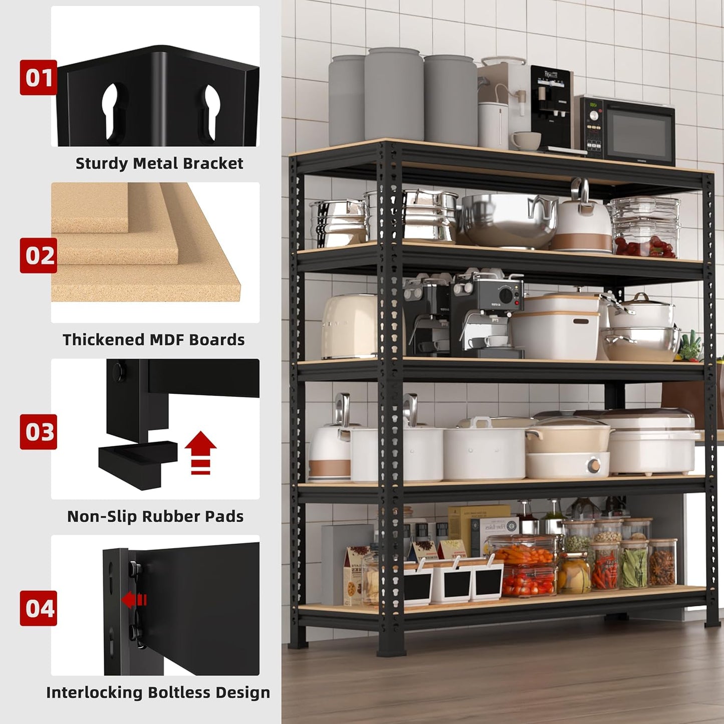 5-Shelf Heavy Duty Shelving - Adjustable Garage Storage Shelves, Metal Utility Storage Racks for Warehouse Pantry Basement Kitchen, Garage Organizers Shef Unit, Black, Packs of 3