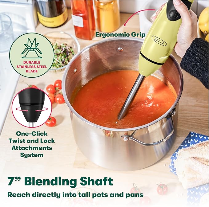 BELLA Immersion Blender, Portable Mixer and Emulsifier with Whisk Attachment, 2 Speed, Electric Handheld Juicer, Shakes, Baby Food and Smoothie Maker, Stainless Steel, BPA Free, 250 Watt, Yellow