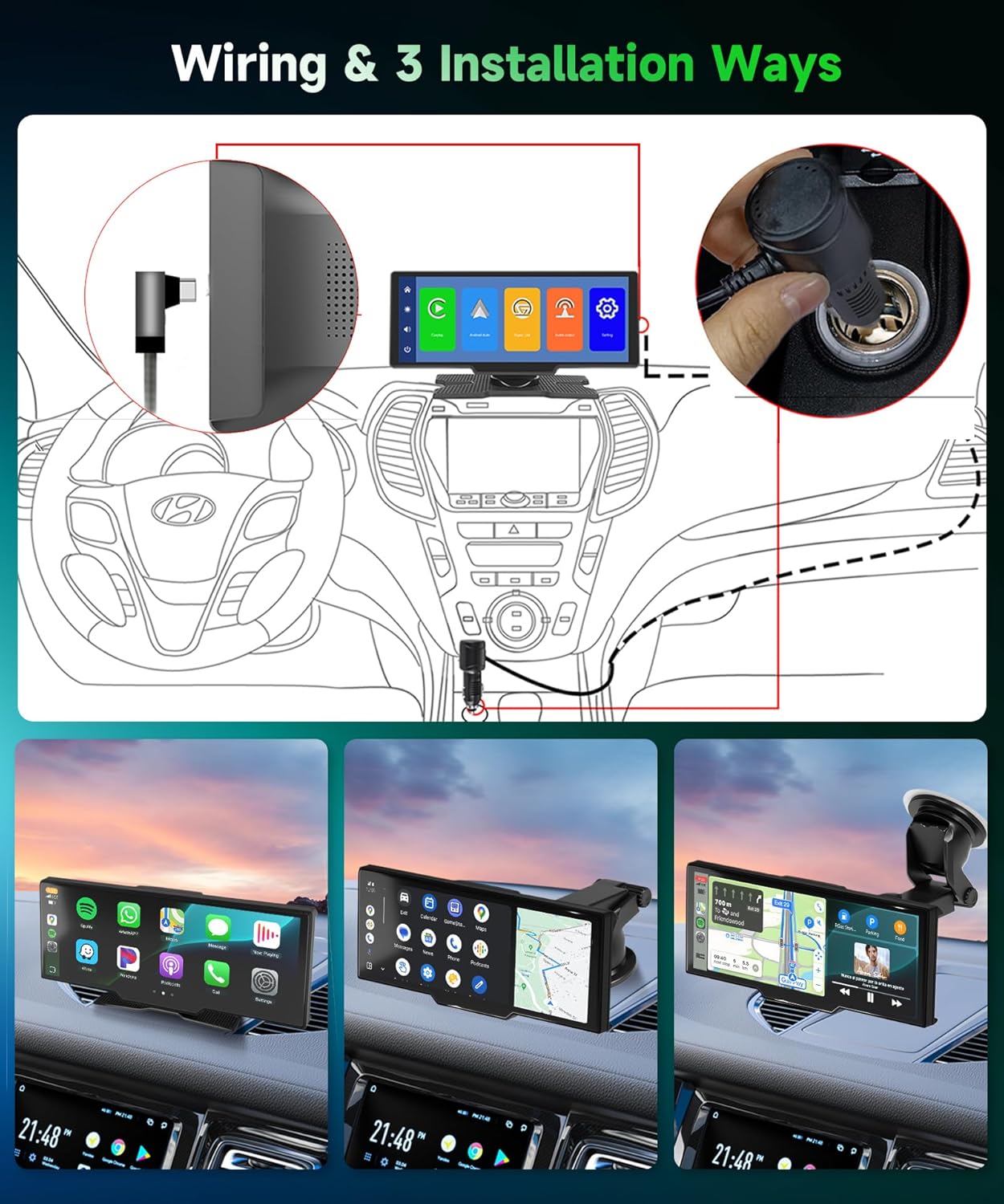 Carplay Screen for Car, 10.26 inch IPS Touch Screen Portable Wireless Car Stereo with Carplay Android Auto SuperLink OTA Bluetooth GPS Siri Aux, 7-32V for Trucks, SUVs, Cars, RVs