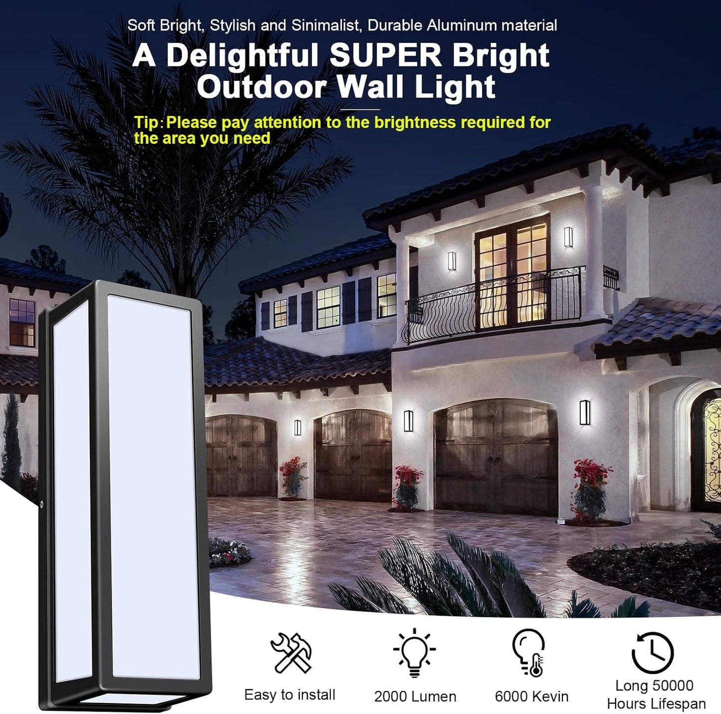 30Watt Modern Outdoor Wall Lights, 2000 Lumen Waterproof Exterior Porch Light, 6000K Daylight Anti-Rust Wall Mount Outdoor Wall Lighting for House, Front Porch, Garage