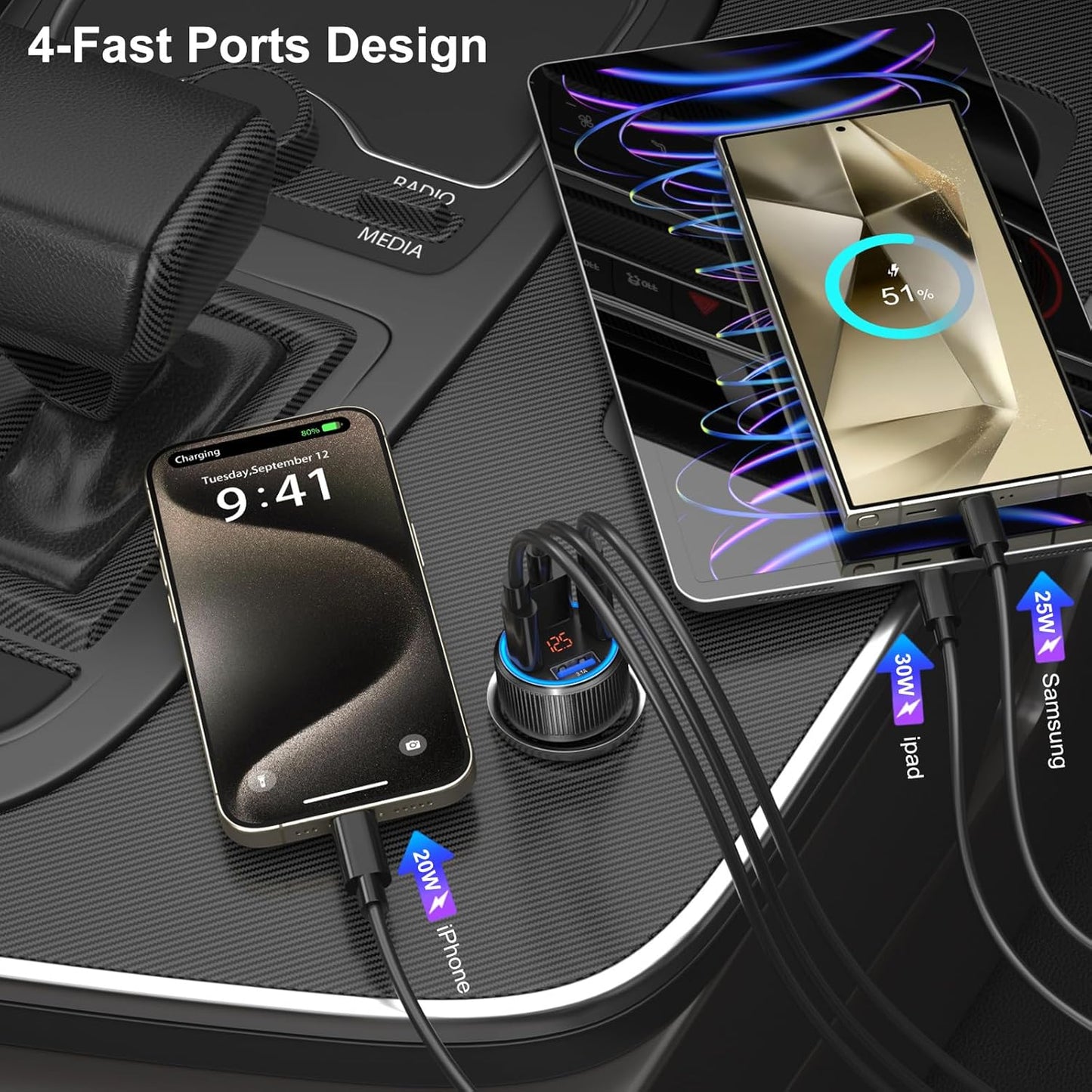 5 Pack USB C Car Charger, 4-Port 65W Car Power Adapter with Voltmeter QC+PD 3.0 Fast Charging Cigarette Lighter USB Charger for iPhone 16/15/14/13/12 Pro Max,Galaxy S25/S24,Android(Black)