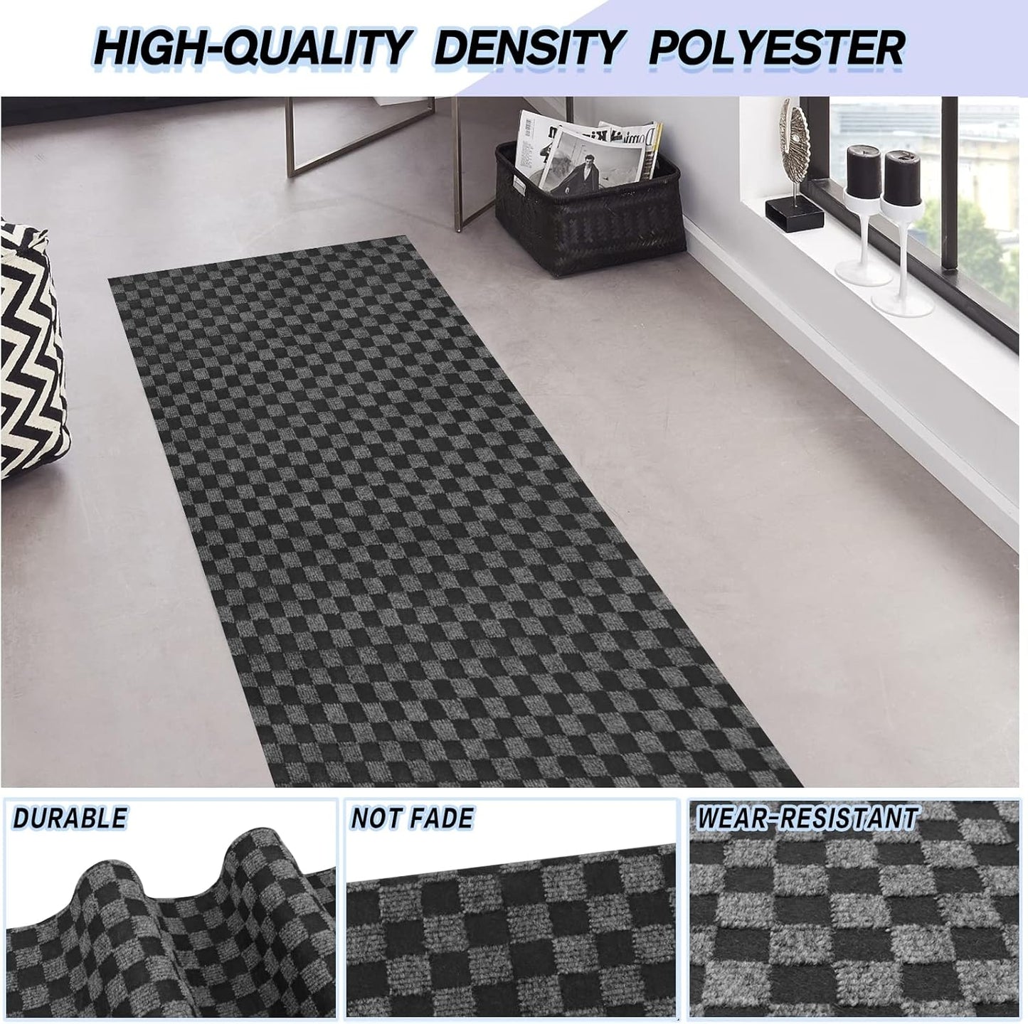 Custom Size Backed Non-Slip Area Rugs Runner, Easy Clean, Waterproof Runner Rugs for Hallway Entryway, Kitchen, Laundry, 4FT x 53FT, Gray Checkered