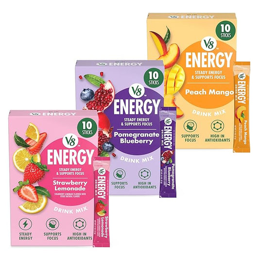 Bundle of V8 Energy Strawberry Lemonade, Peach Mango, & Pomegranate Blueberry Energy Drink Powder, .10 oz Packet (30 Count)