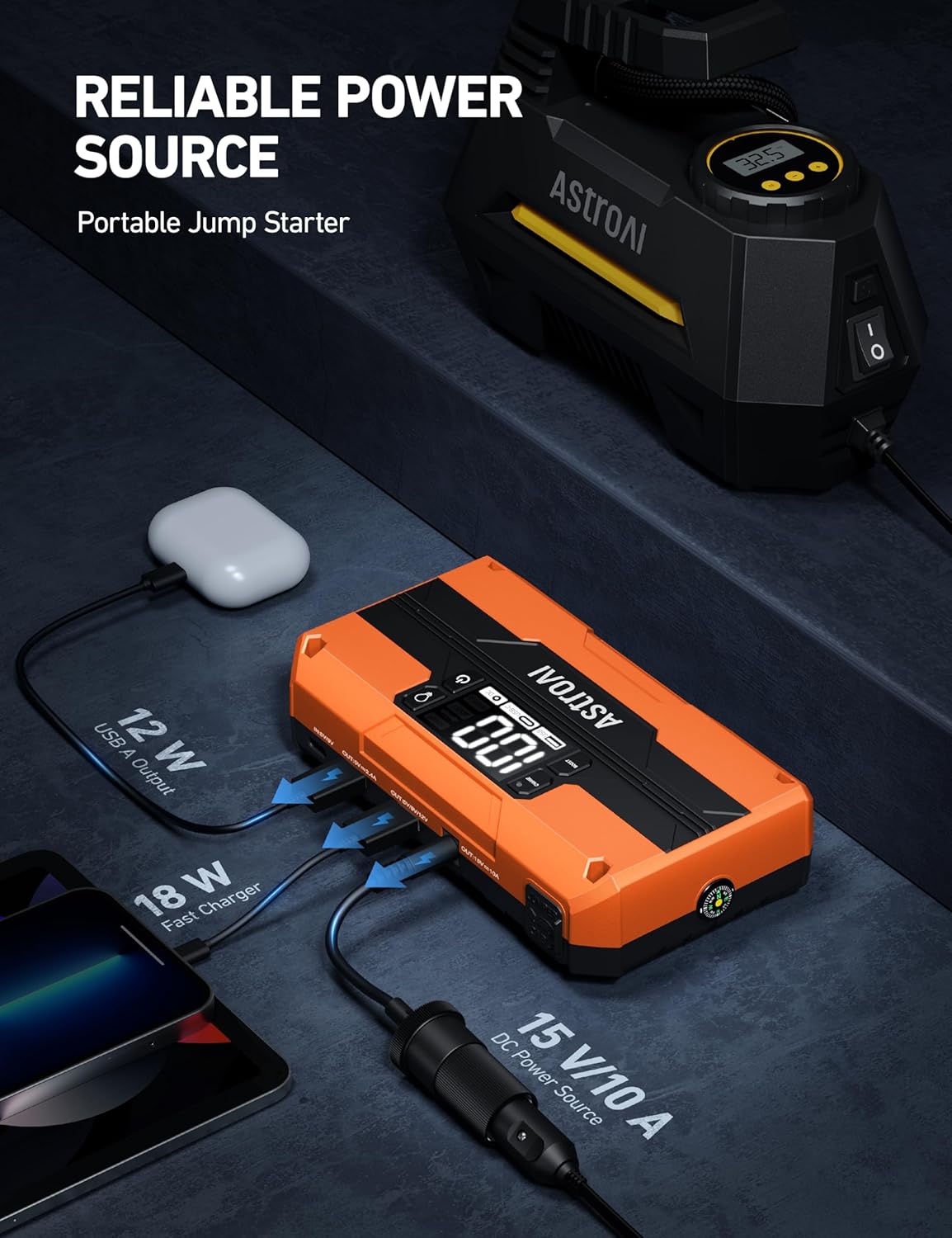 AstroAI T8 Car Jump Starter, 2500A 8-in-1 Jump Box for Car Battery, Up to 8.0L Gas & 5.0L Diesel Engine, 15200mAh QC 3.0 Power Bank, Informative LED Screen with Cigarette Adapter, Jumper Cable