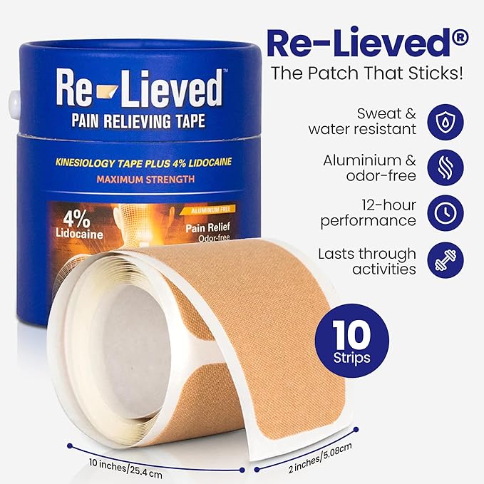 4% Lidocaine Maximum Strength Pain Relief Kinesiology Tape - Relieves Back, Joints and Muscle Pains - Superior Sticking, Aluminum-Free Water Resistant, and USA Made - 2" x 10" Strips