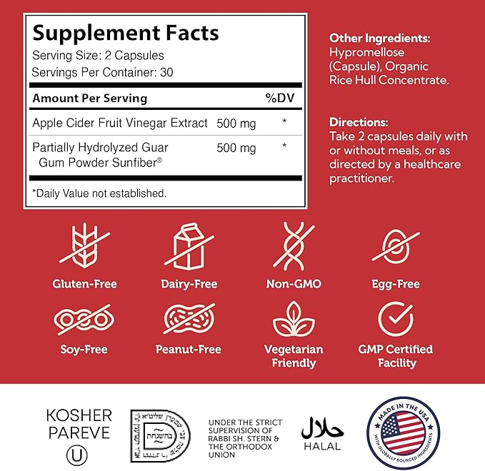 Zahler Apple Cider Vinegar Capsules with Fiber Supplement - Cleansing, Digestive and Metabolic Support - Healthy Diet and Appetite - Kosher Apple Cider Vinegar Pills - Non GMO ACV Capsules - 60 Count