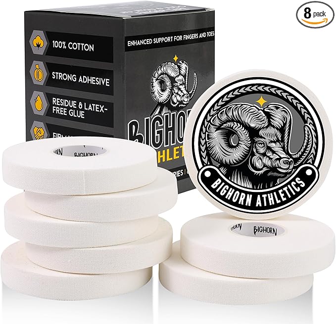 Bighorn Athletics Jiu Jitsu Finger Tape, Rock Climbing Tape | Multipurpose for Sports & Injuries: MMA, Volleyball, Football, Basketball, Tennis, Golf, Hands & Toes, 0.5-Inch x 45-feet, 8-Rolls, White