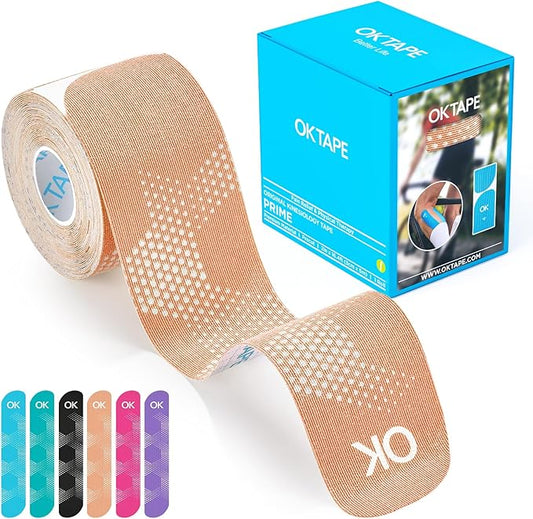 OK TAPE Synthetic Kinesiology Tape, 20 Strips, Precut K Tape, Performance Elastic Athletic Tape for Pain Relief & Muscle Support, Reflective Design, Waterproof, 2" x 10" -Beige
