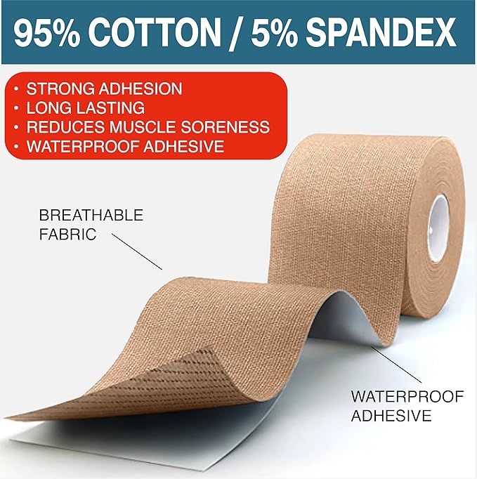 | Elastic Kinesiology Tape | Uncut Athletic Tape | Support & Recovery for Knees, Elbows, Shoulders & Muscles | Cotton Elastic, Hypoallergenic, Latex Free, Breathable, 2 in x 16ft (Beige)