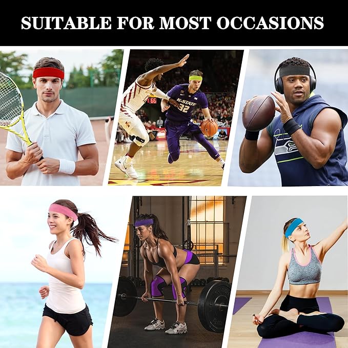 4 Pack Sweatbands Sports Headband for Men and Women, Moisture Wicking Athletic Workout Headband for Running, Tennis, Basketball, Yoga, Gym Stretchy Unisex Sweatband