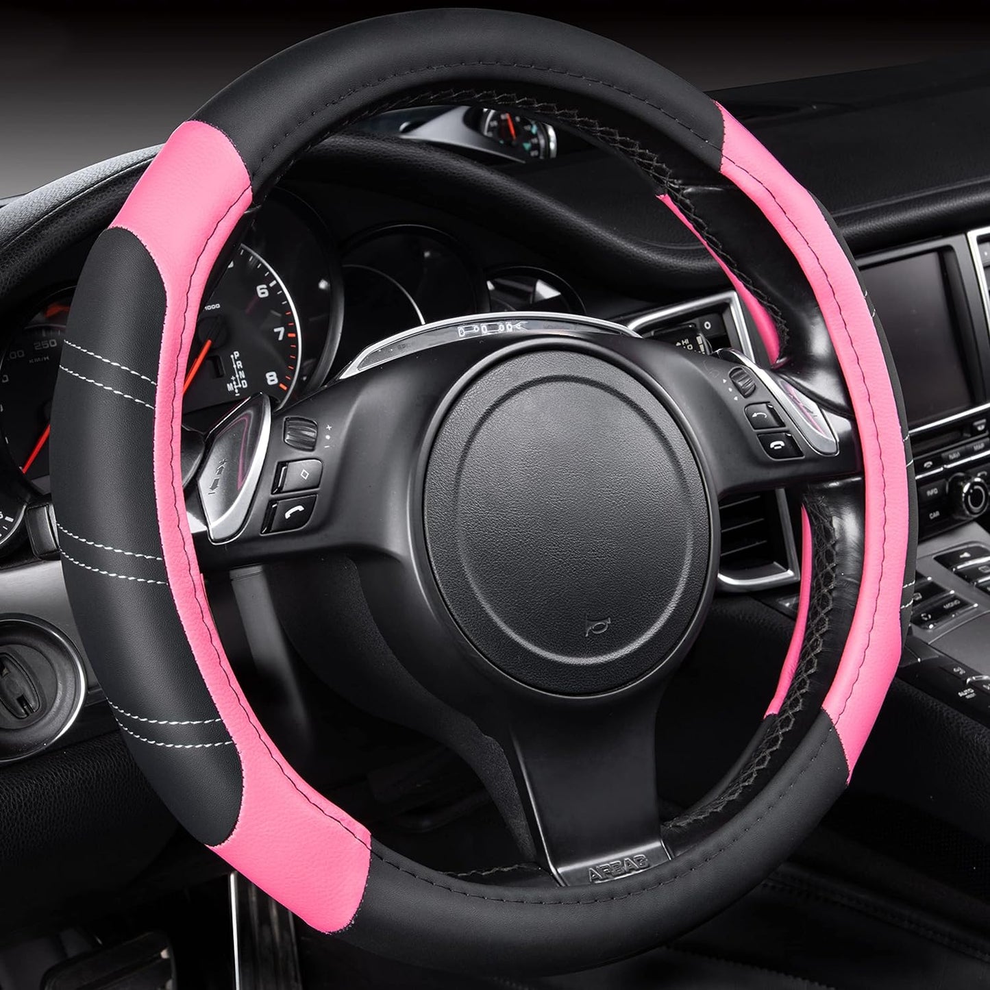 CAR PASS Line Rider Microfiber Leather Sporty 14.5-15 inch Steering Wheel Cover Universal Fits for 95% Truck,SUV,Cars, Anti-Slip Safety Comfortable Design (Black Pink)