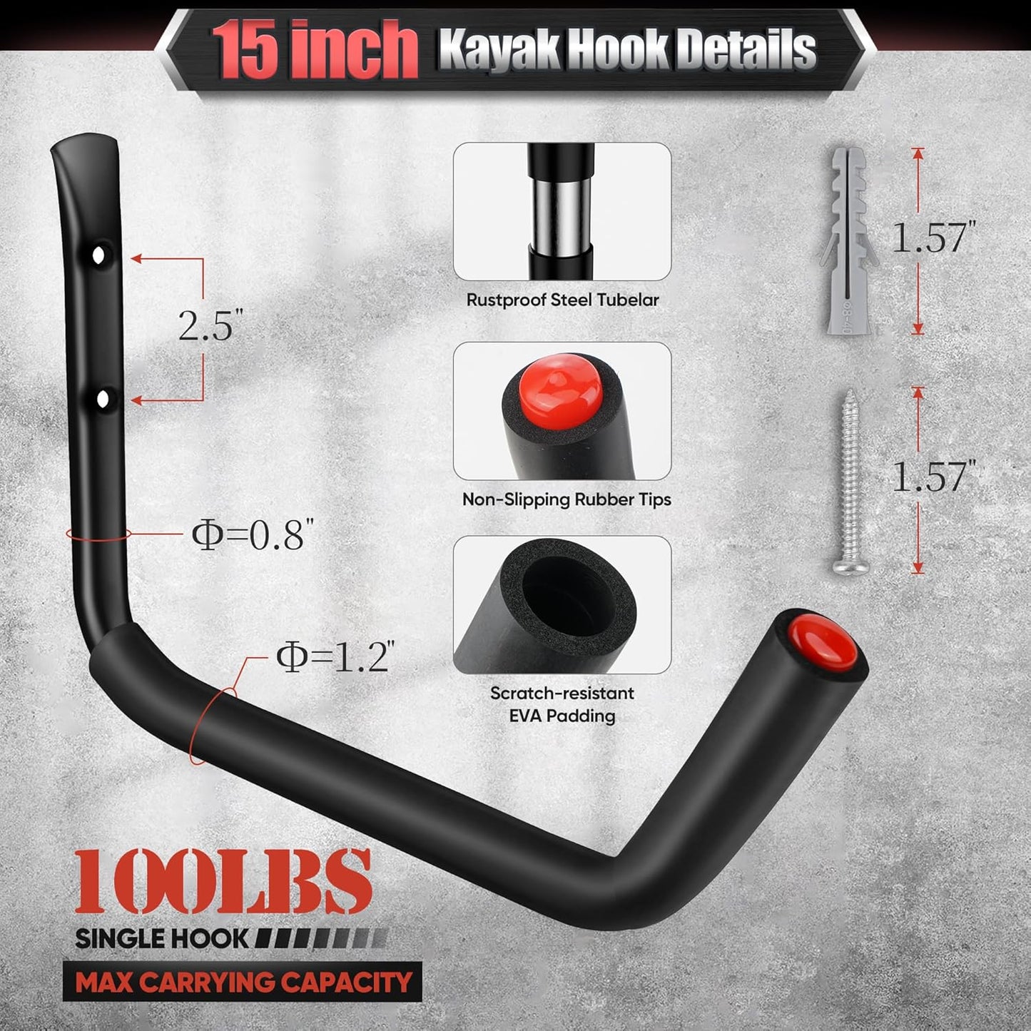 Nacial 10 Pack Garage Hooks Heavy Duty, 15" & 3.5" Kayak Storage Hook with EVA Pads, 100LBS Capacity Garage Hooks for Hanging Bikes, Kayak Folding Chairs and Hanging Ladders, Father's Day Gifts