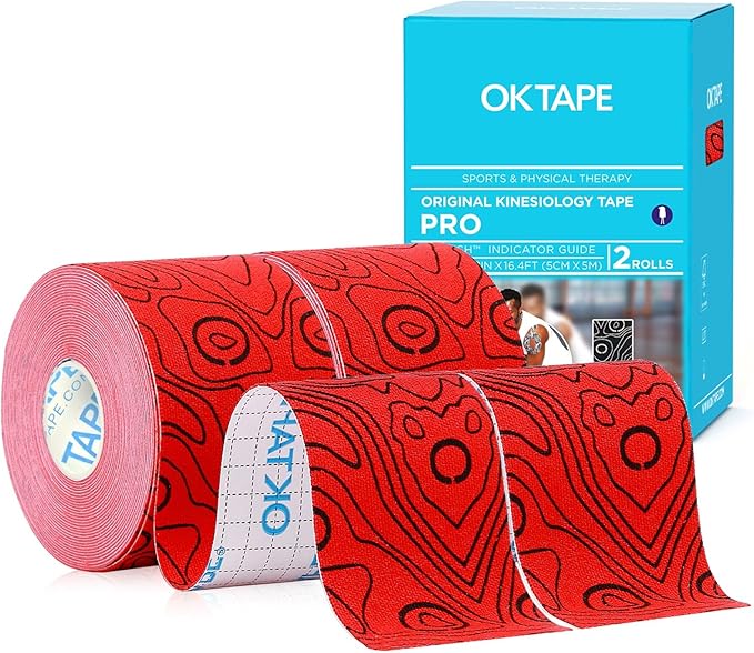 OK TAPE PRO Kinesiology Tape Uncut Roll, Elastic Physical Therapy Athletic Tape for Pain Relief, Muscle Support, Kinetic Tape, Water Resistant, 2in X 16.4ft -Red 2 Rolls