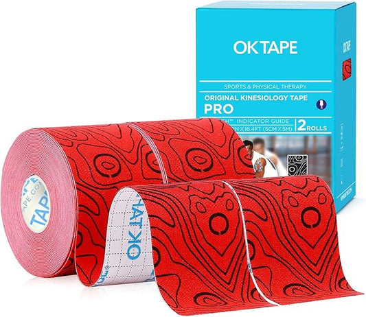 OK TAPE PRO Kinesiology Tape Uncut Roll, Elastic Physical Therapy Athletic Tape for Pain Relief, Muscle Support, Kinetic Tape, Water Resistant, 2in X 16.4ft -Red 2 Rolls