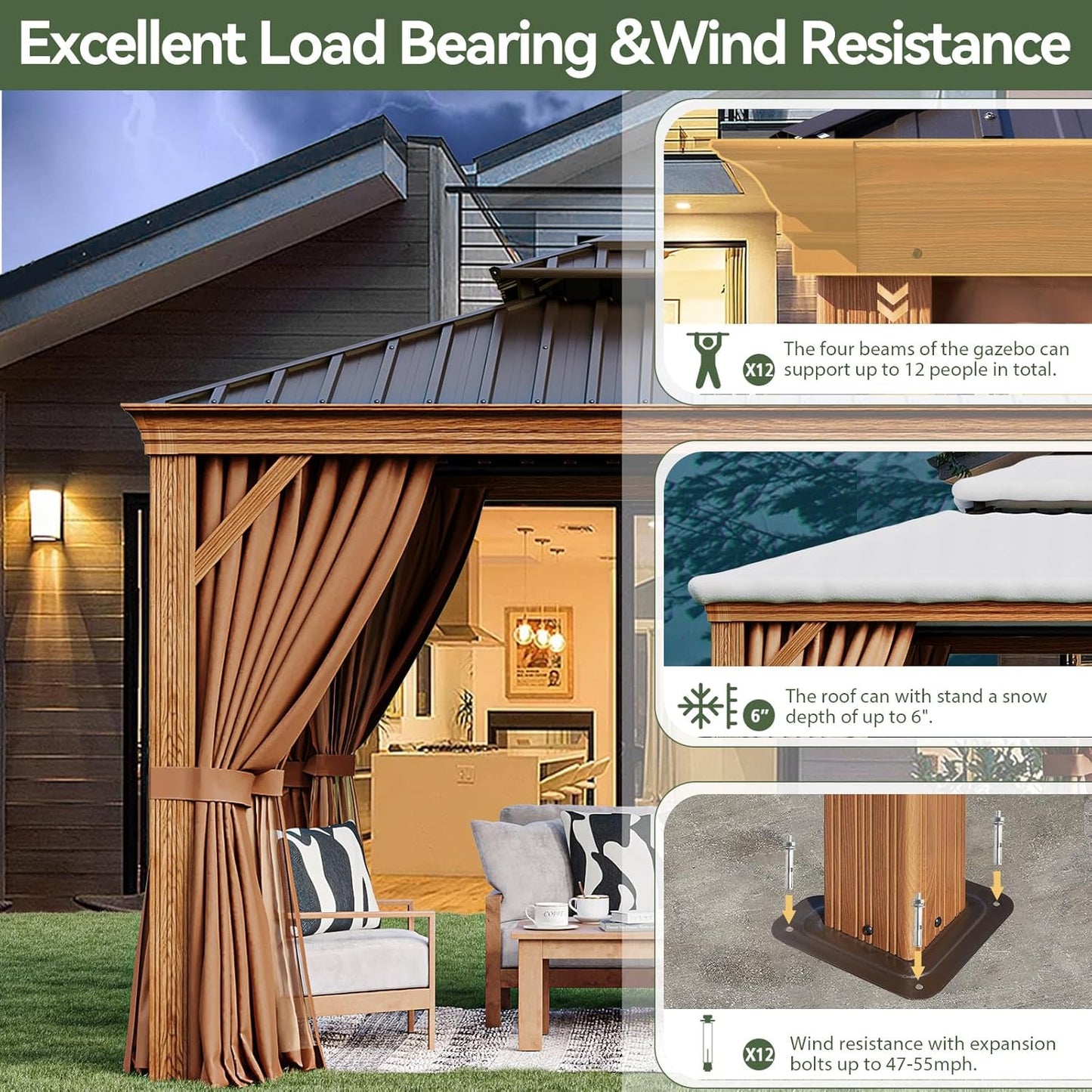 Aoxun 10' x 12' Hardtop Gazebo, Wooden Finish Coated Aluminum Frame Canopy, Galvanized Steel Double Top, Outdoor Permanent Metal Pavilion with Curtains and Netting, for Backyard, Patio and Deck