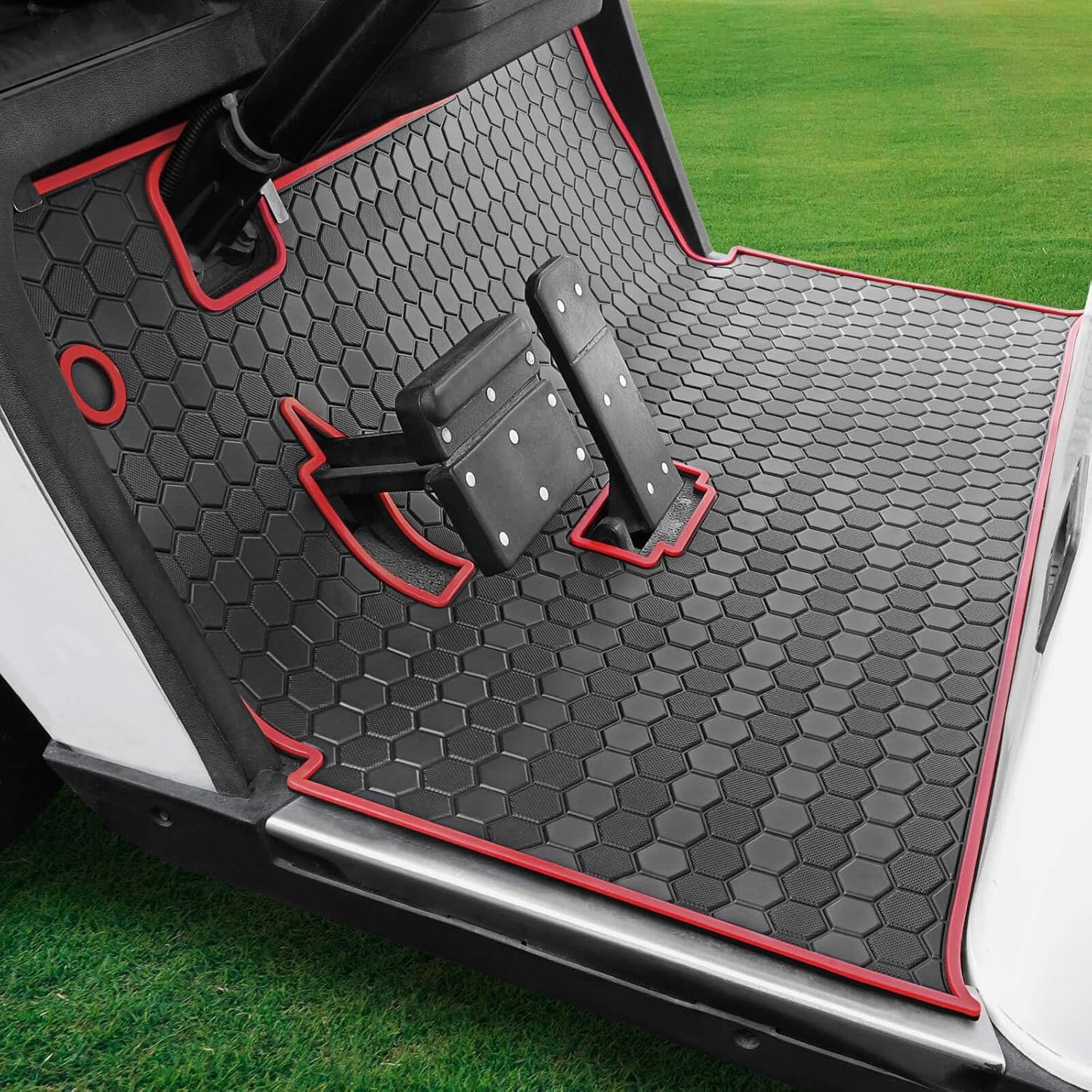 EZGO TXT Golf Cart Full Coverage Floor Liner Mat, fits EZGO TXT (1994+), Valor(1994+), Express S4(2012-2020), Cushman Workhorse, EX1(2020), Thick Anti-Slip Rubber, Red Trim